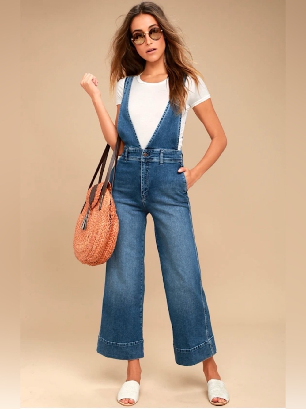 Free People A-Line Wide Leg Cropped Denim Overalls Size 0
